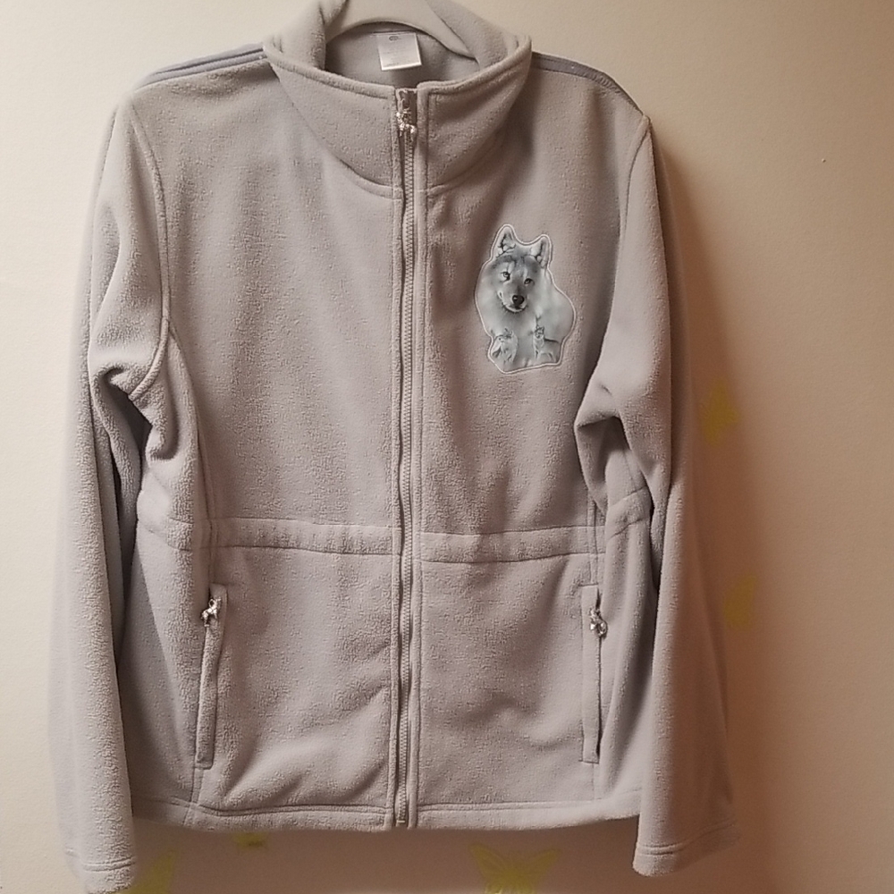 Bradford Exchange Women's Gray Fleece Jacket with Wolf Graphics Pulls XL